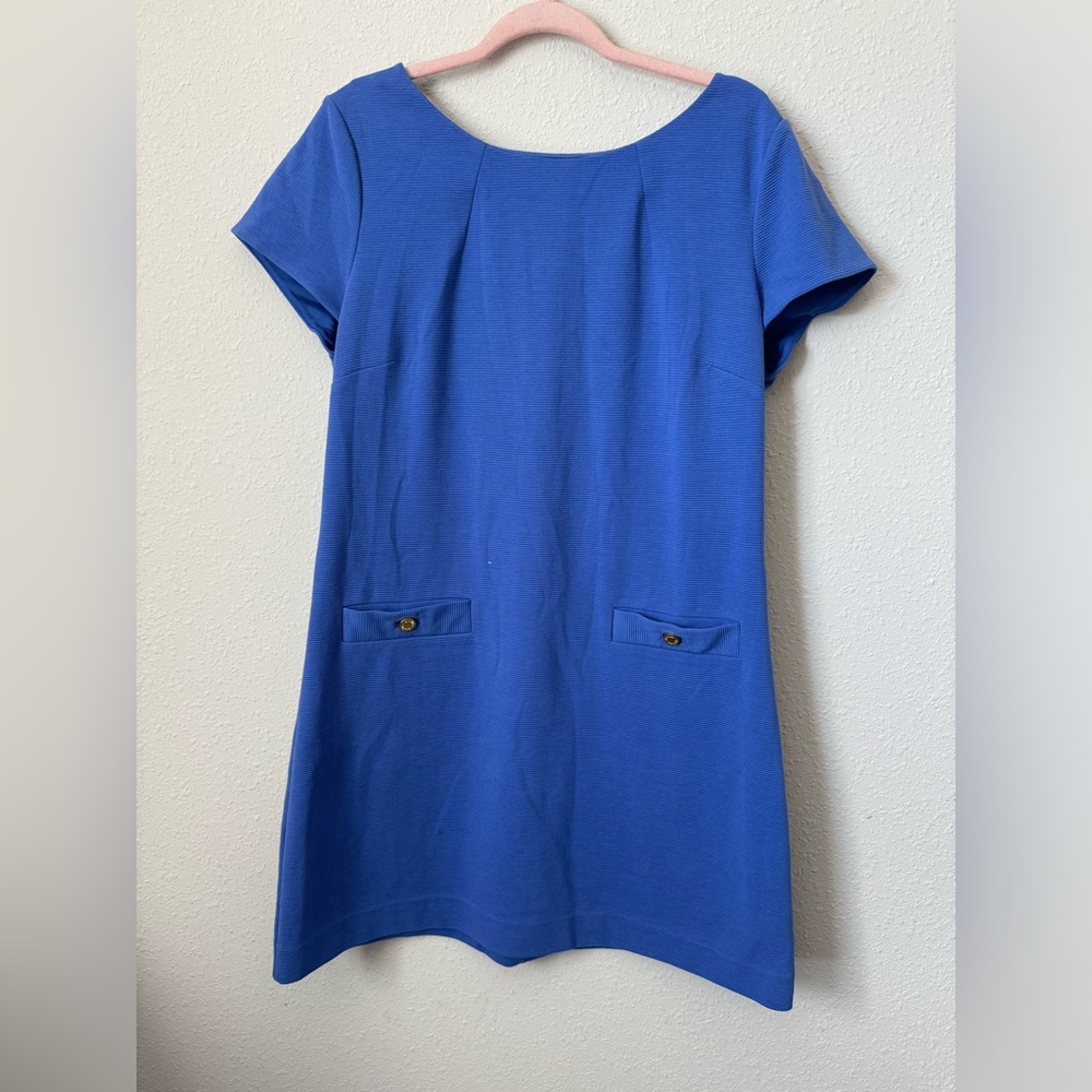Lilly Pulitzer Navy Shift Dress Knit Short Sleeve Gold Buttons Career